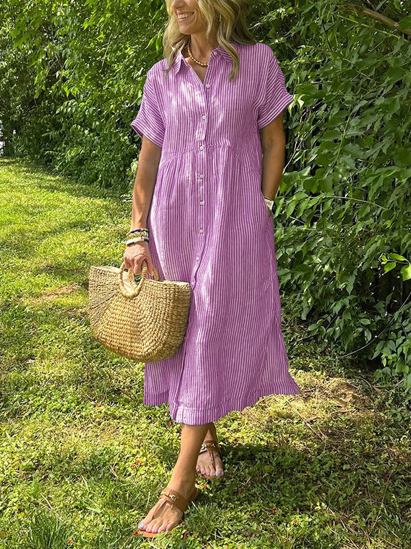 Relaxed Button Down Midi Shirt Dress With Pockets - Pink