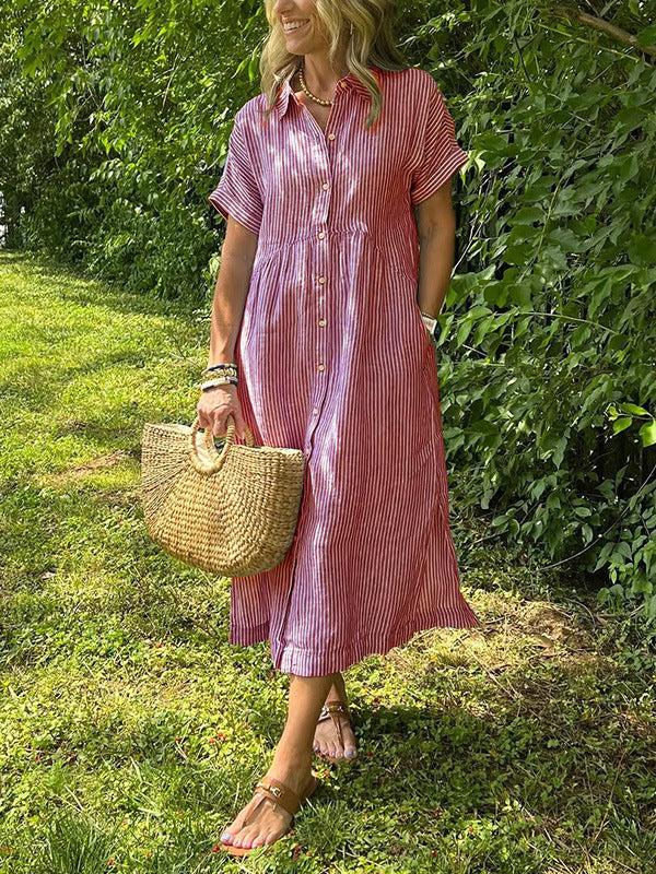 Relaxed Button Down Midi Shirt Dress With Pockets - Red