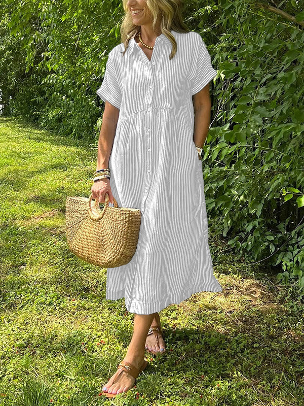Relaxed Button Down Midi Shirt Dress With Pockets - White