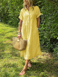 Relaxed Button Down Midi Shirt Dress With Pockets - Yellow