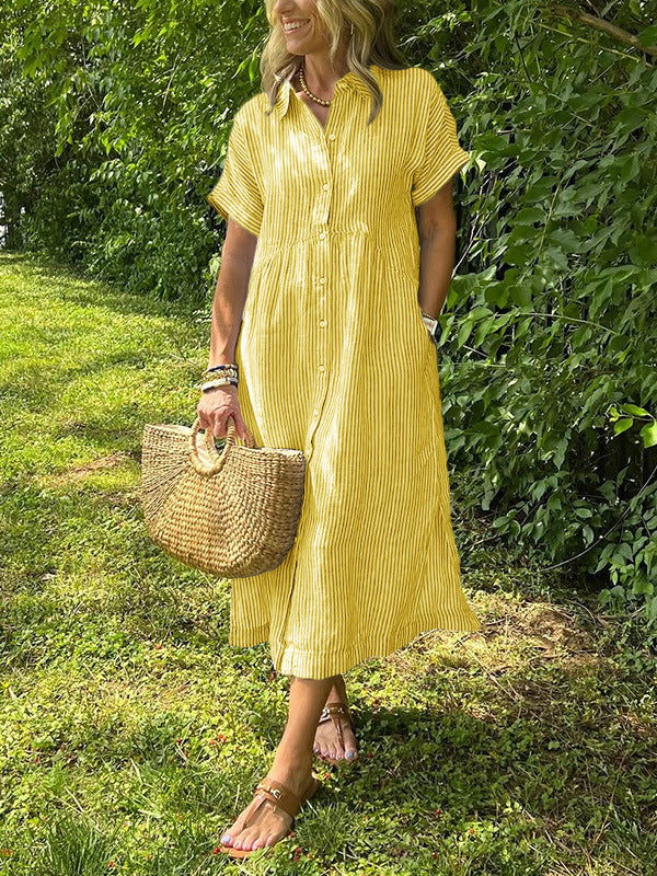Relaxed Button Down Midi Shirt Dress With Pockets - Yellow