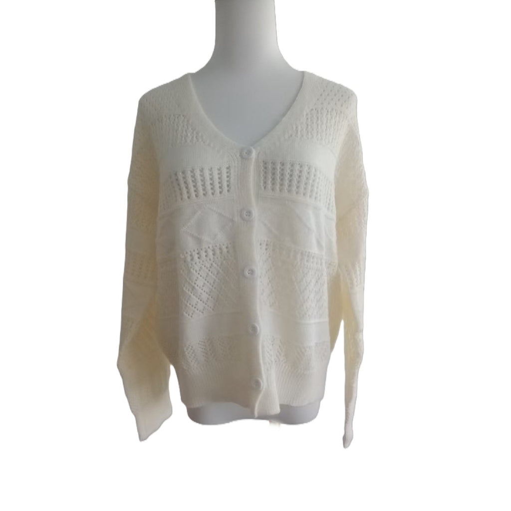 Pointelle Openwork Button Front Cardigan - White