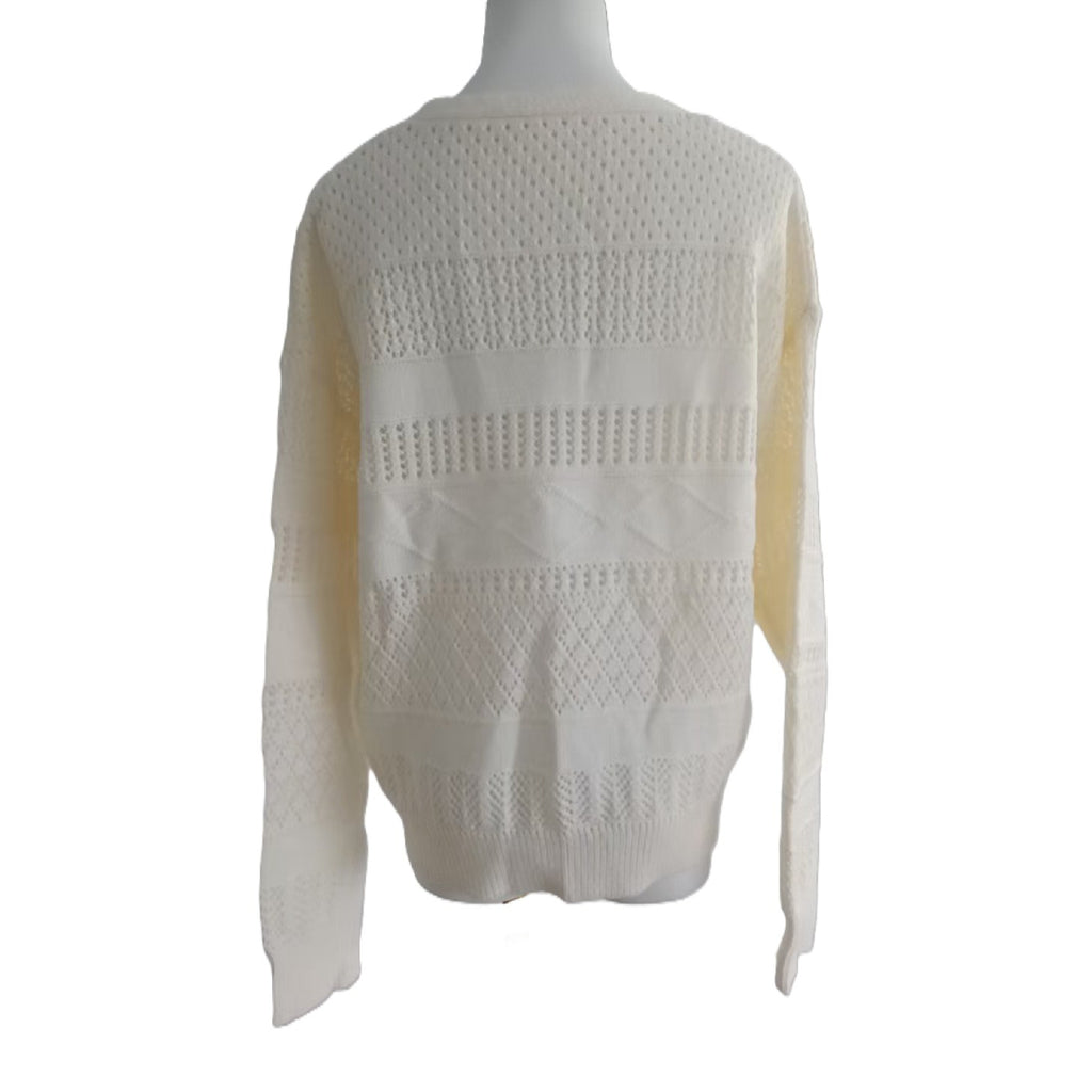 Pointelle Openwork Button Front Cardigan - White - 1