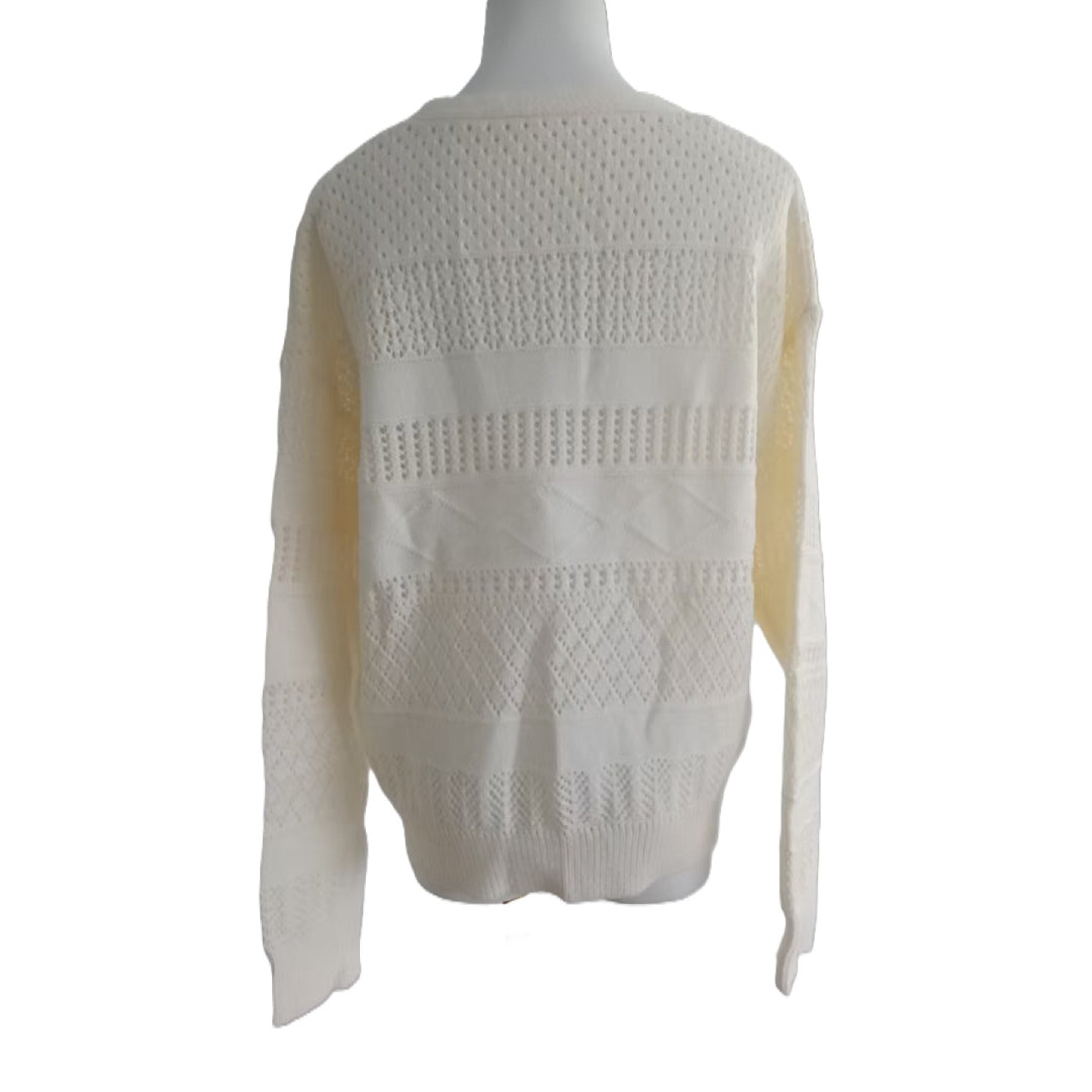 Pointelle Openwork Button Front Cardigan - White - 1