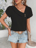Asymmetric Fold Collar Petal Sleeve Blouse - Black