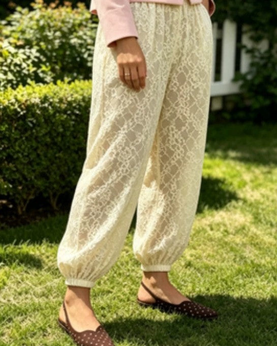 Sheer Lace Harem Pants With Elastic Cuffs - Apricot - 2