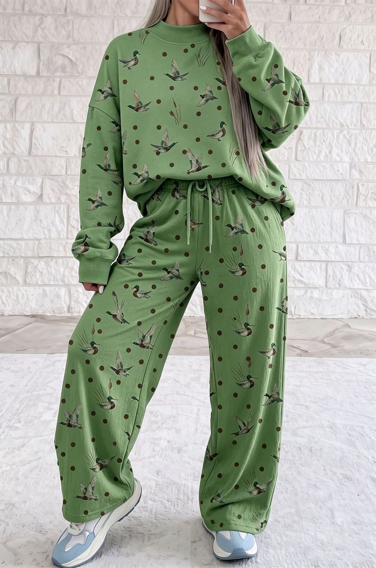 Duck Print Sweatshirt Drawstring Wide Leg Lounge Set - Green