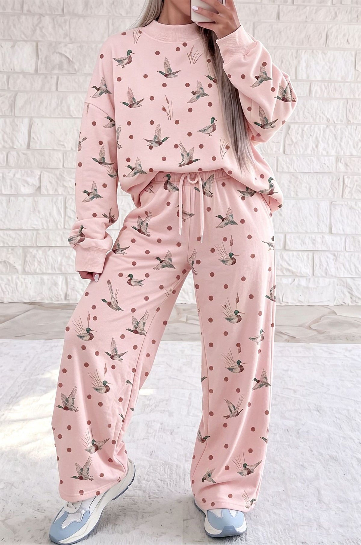 Duck Print Sweatshirt Drawstring Wide Leg Lounge Set - Pink