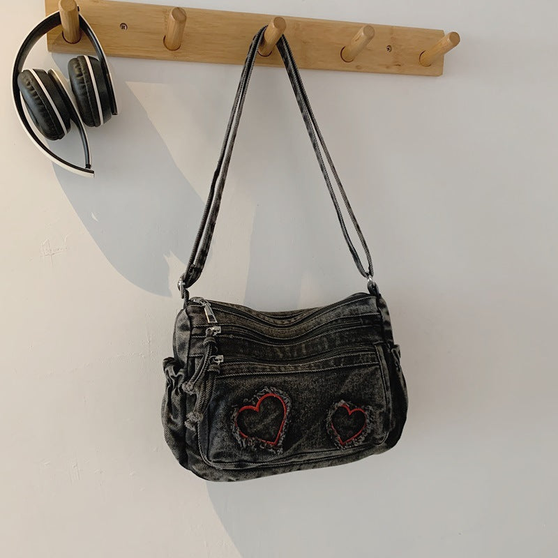 Vintage Wash Denim Heart Crossbody Bag - Black