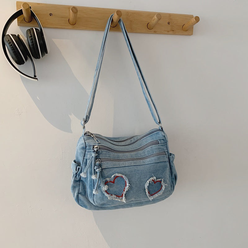 Vintage Wash Denim Heart Crossbody Bag - Light-Blue