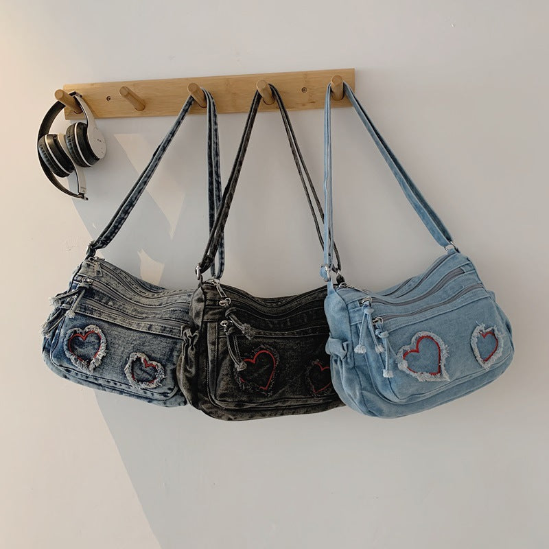Vintage Wash Denim Heart Crossbody Bag