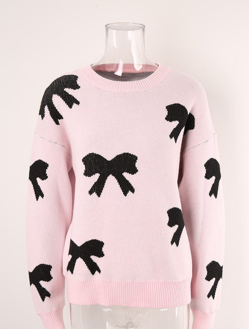 All Over Bow Crewneck Knit Sweater - White