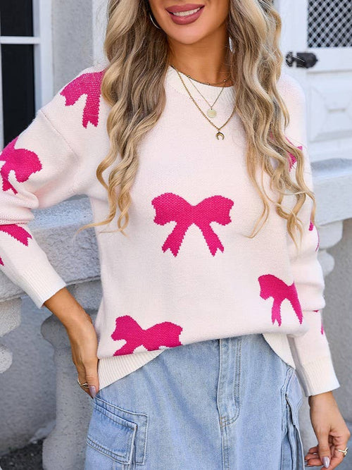All Over Bow Crewneck Knit Sweater