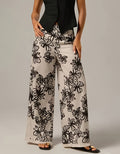 Floral Sketch Print Wide Leg Pants - Black