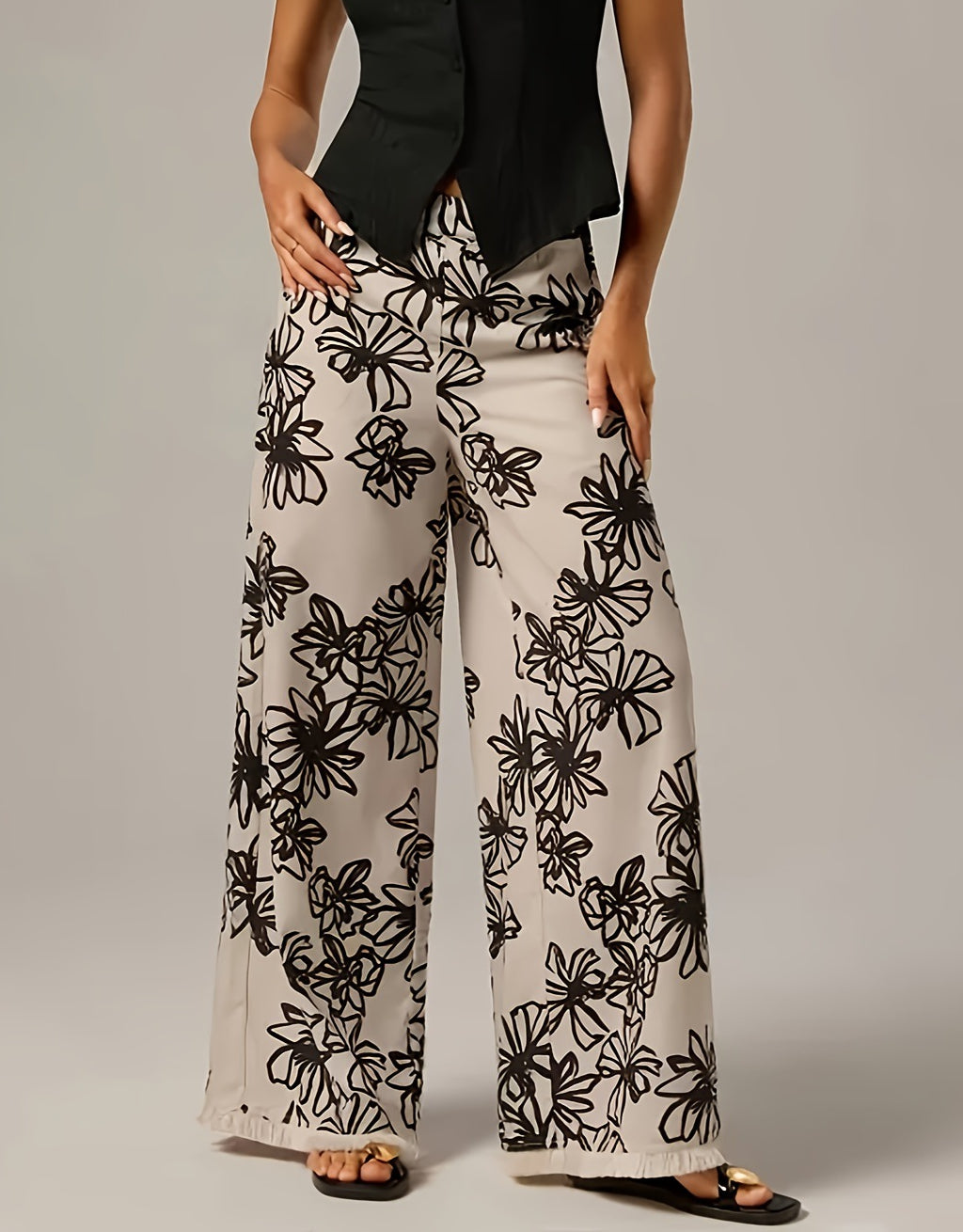 Floral Sketch Print Wide Leg Pants - Black