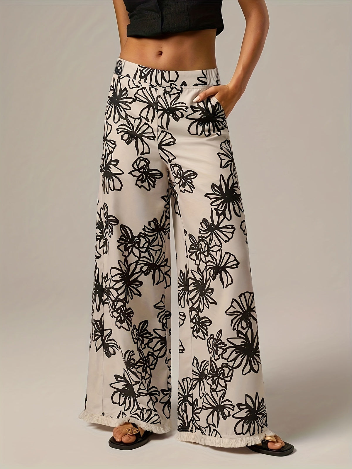 Floral Sketch Print Wide Leg Pants - Black - 1