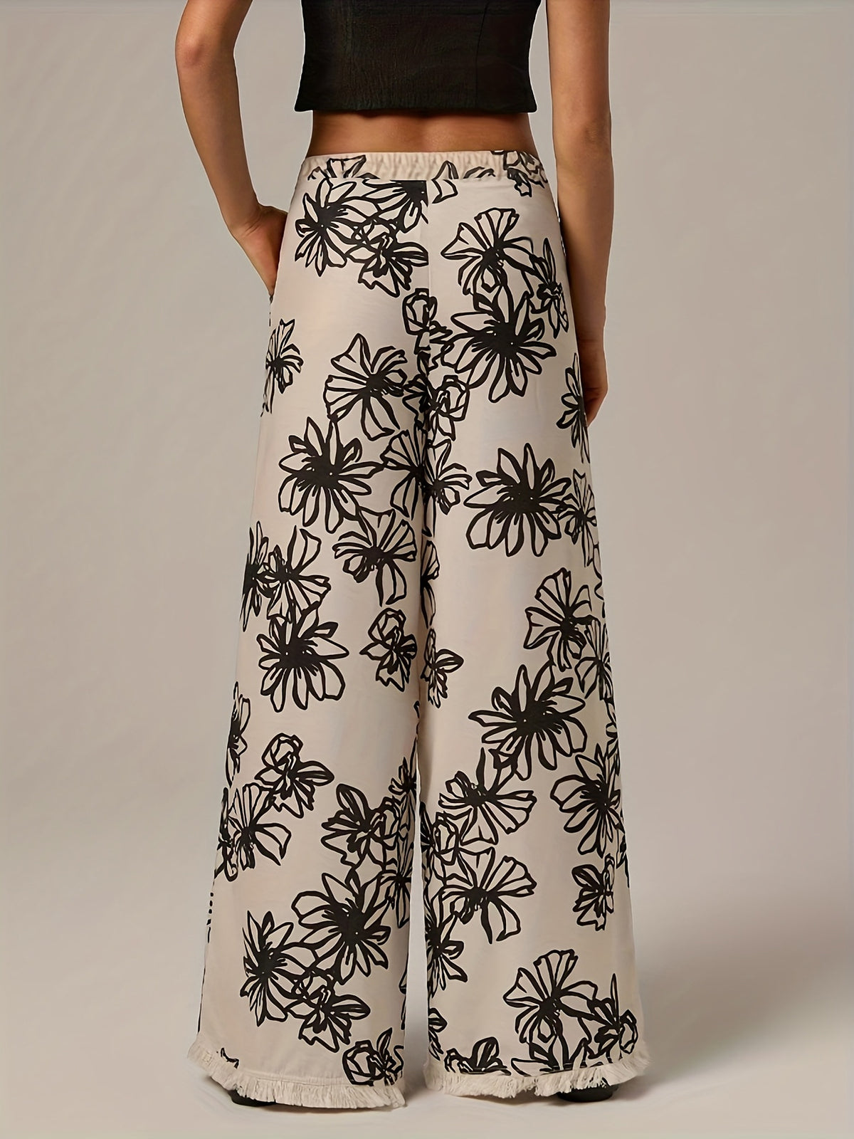 Floral Sketch Print Wide Leg Pants - Black - 2