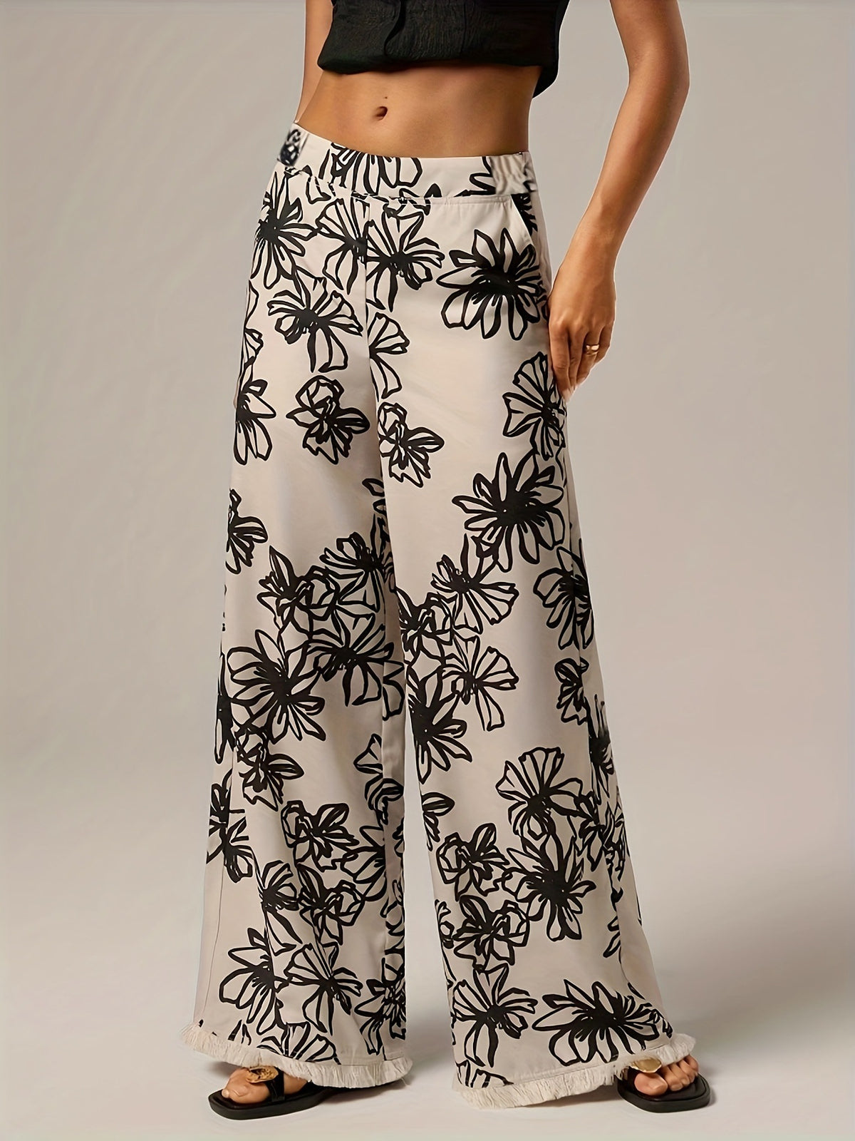 Floral Sketch Print Wide Leg Pants - Black - 3