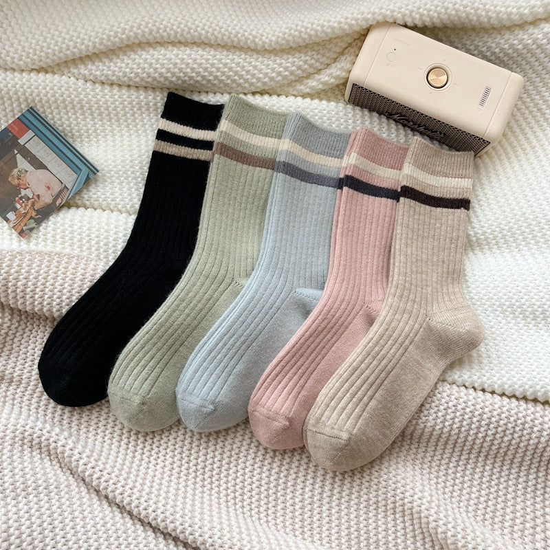 Two Stripe Ribbed Mid Calf Socks - Blue