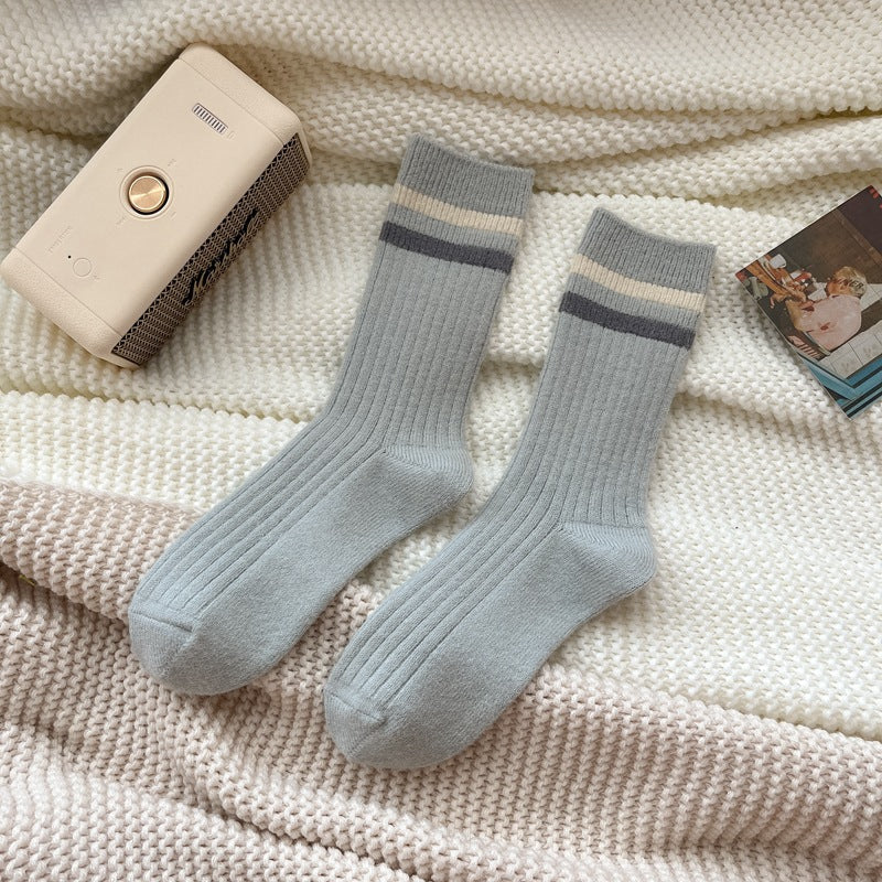 Two Stripe Ribbed Mid Calf Socks - Blue - 1