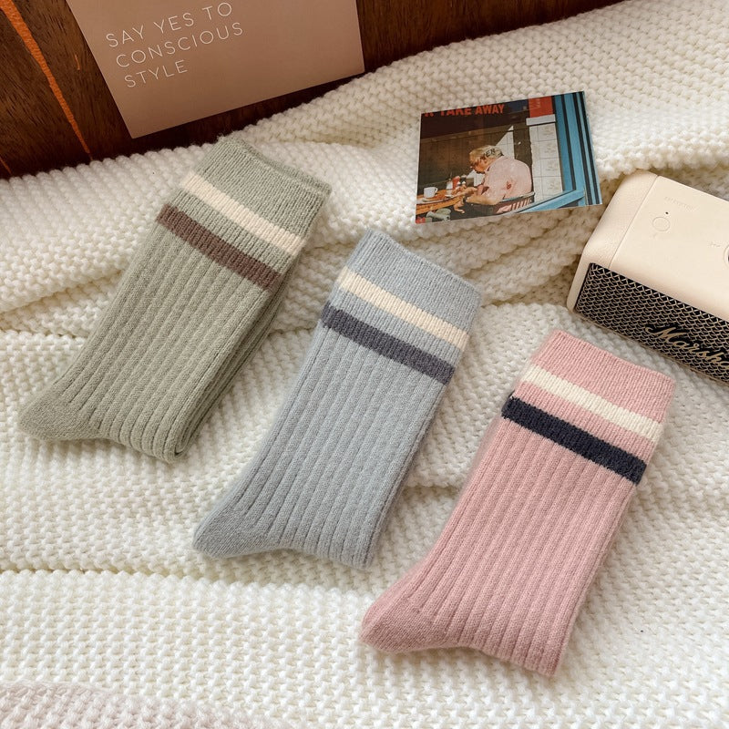 Two Stripe Ribbed Mid Calf Socks - Blue - 2