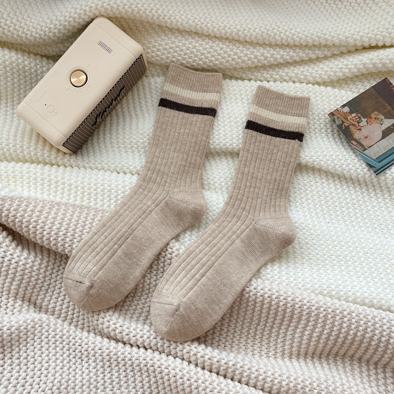 Two Stripe Ribbed Mid Calf Socks - Khaki