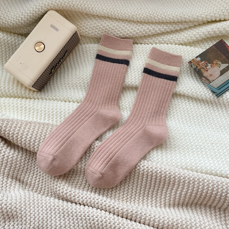 Two Stripe Ribbed Mid Calf Socks - Pink