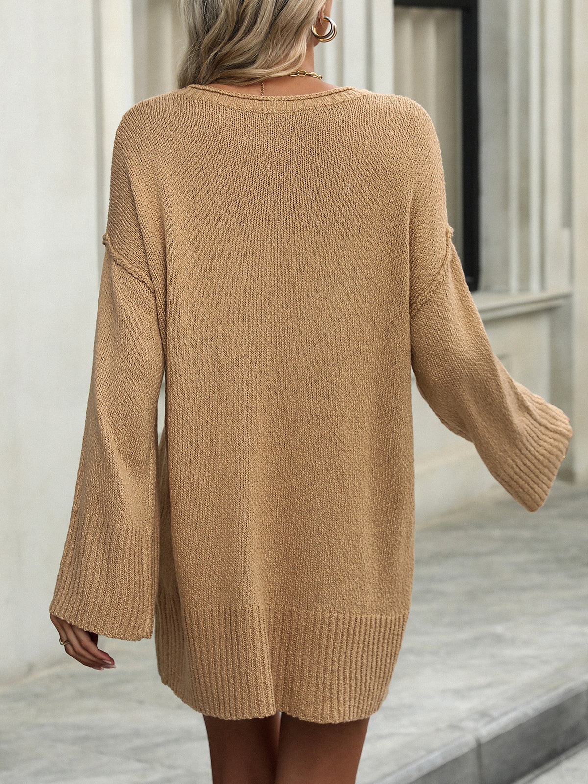 Oversized Longline Crewneck Tunic Sweater - Khaki - 1