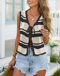 Sleeveless Crochet Cardigan Vest With Patch Pockets - Black
