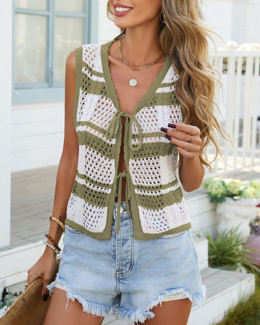 Sleeveless Crochet Cardigan Vest With Patch Pockets - Green