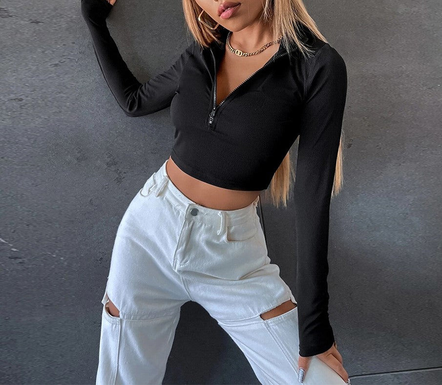 Half Zip Stand Collar Cropped Top - Black - 2