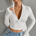 Half Zip Stand Collar Cropped Top - White