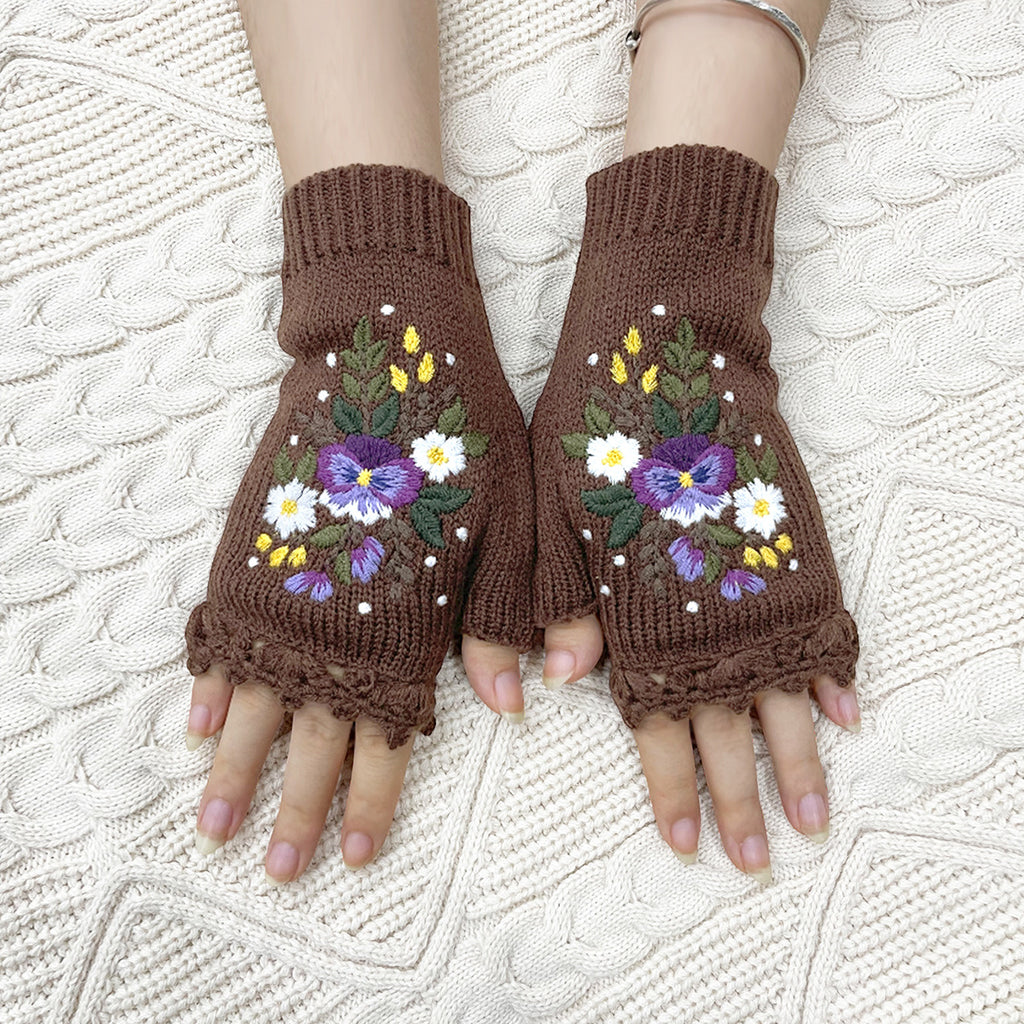 Pansy Bouquet Embroidered Fingerless Mittens - Brown