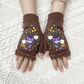 Pansy Bouquet Embroidered Fingerless Mittens - Brown