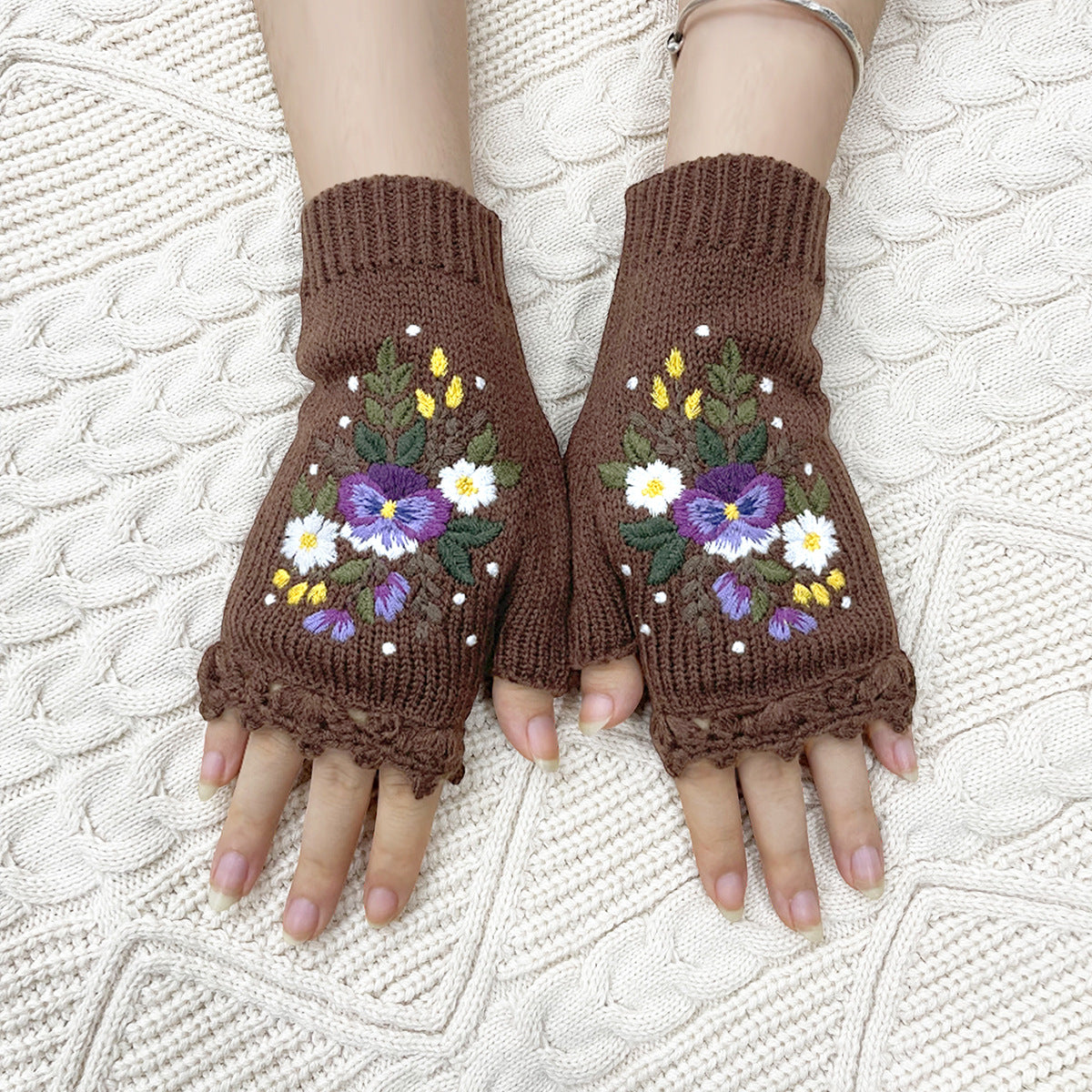 Pansy Bouquet Embroidered Fingerless Mittens - Brown