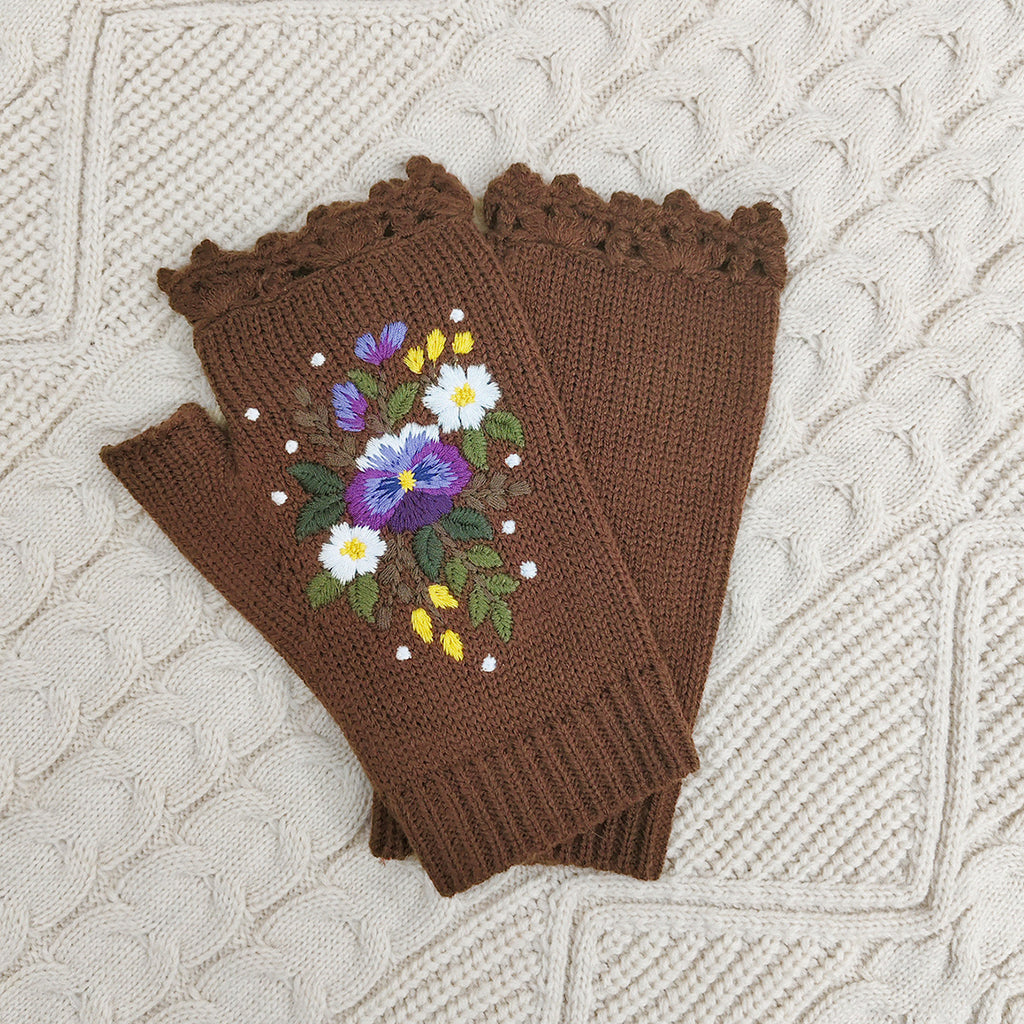 Pansy Bouquet Embroidered Fingerless Mittens - Brown - 1