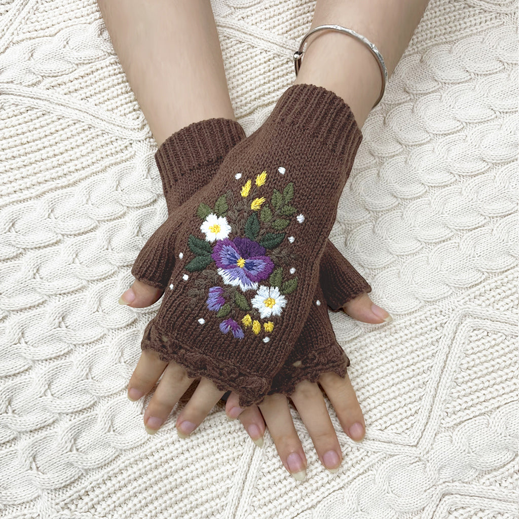 Pansy Bouquet Embroidered Fingerless Mittens - Brown - 2