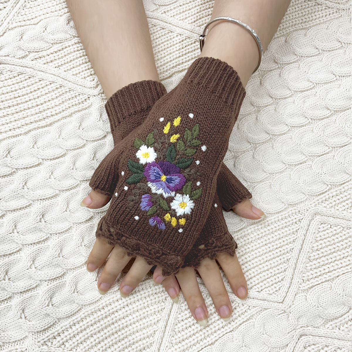 Pansy Bouquet Embroidered Fingerless Mittens - Brown - 2