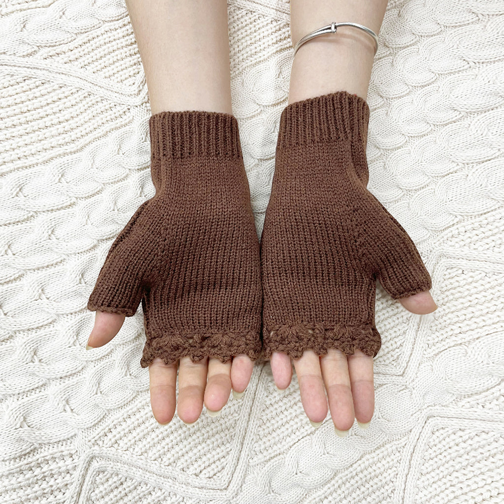 Pansy Bouquet Embroidered Fingerless Mittens - Brown - 3