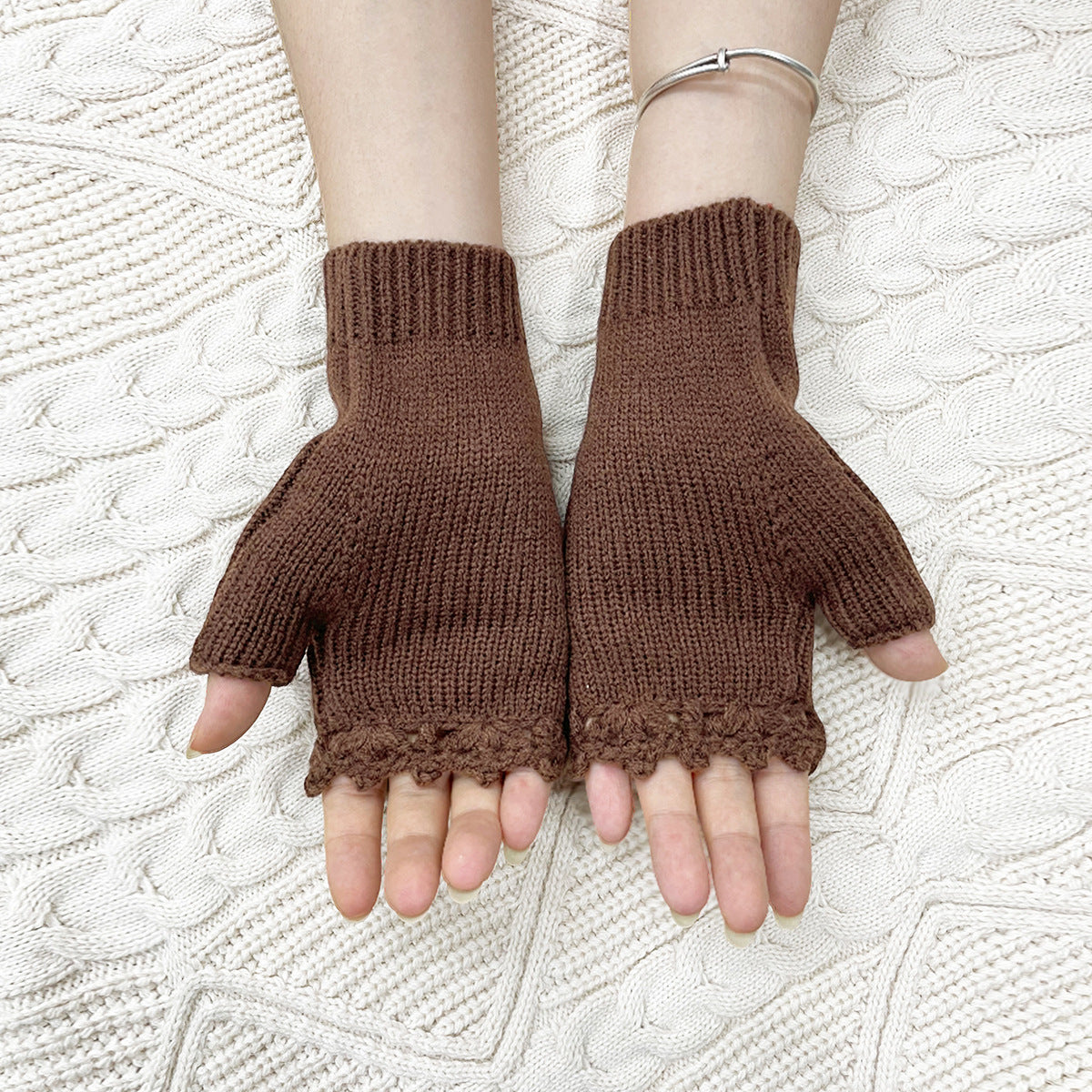 Pansy Bouquet Embroidered Fingerless Mittens - Brown - 3
