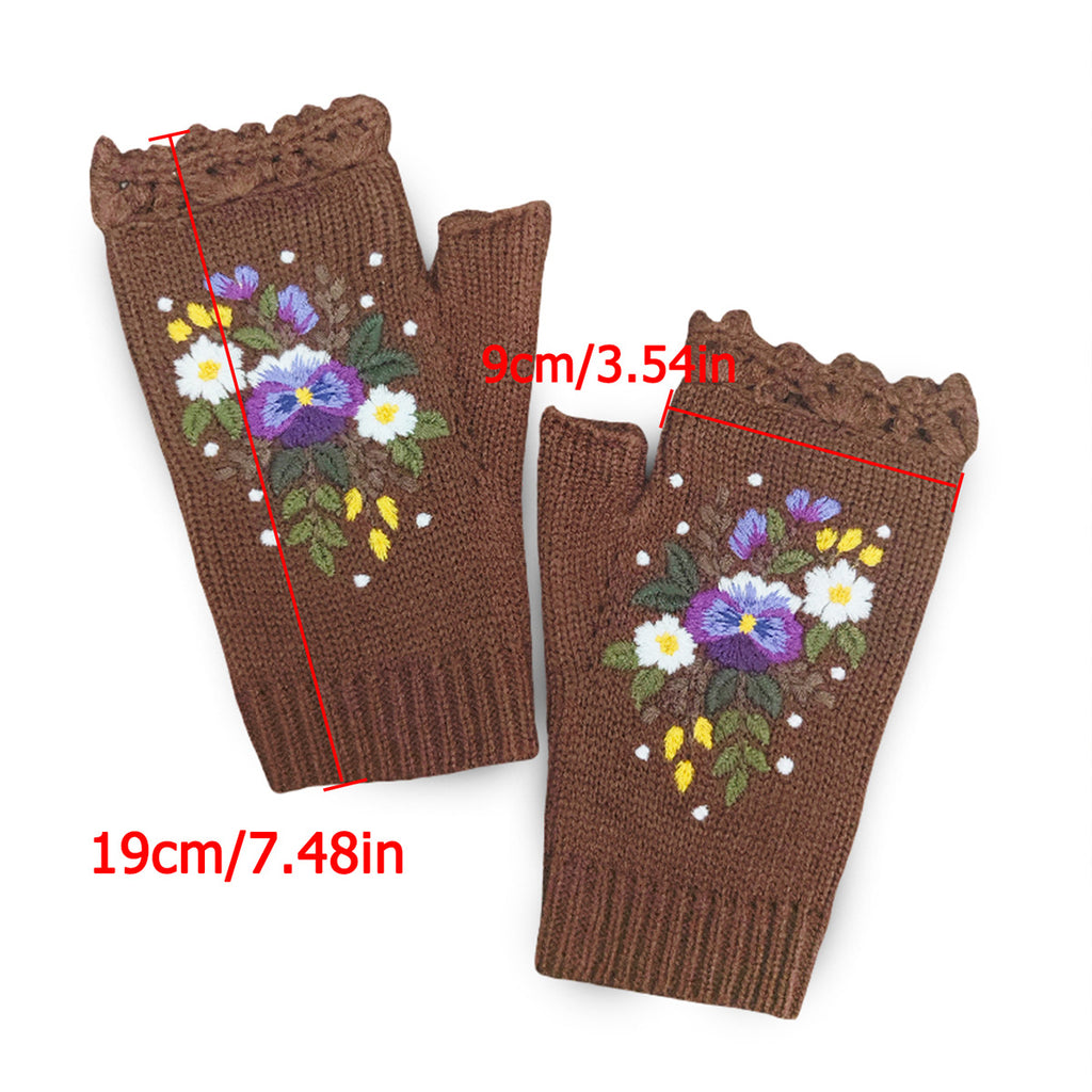 Pansy Bouquet Embroidered Fingerless Mittens - Brown - 4