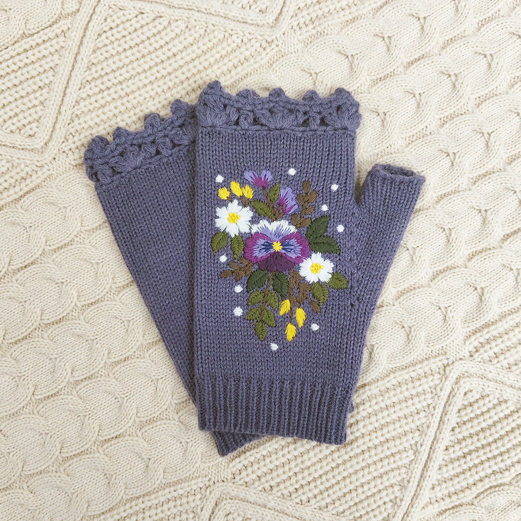 Pansy Bouquet Embroidered Fingerless Mittens - Purple