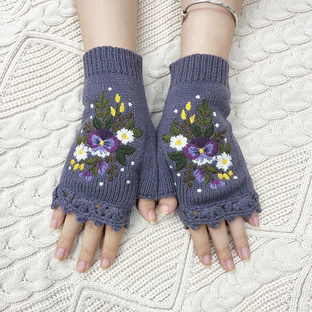 Pansy Bouquet Embroidered Fingerless Mittens - Purple - 1