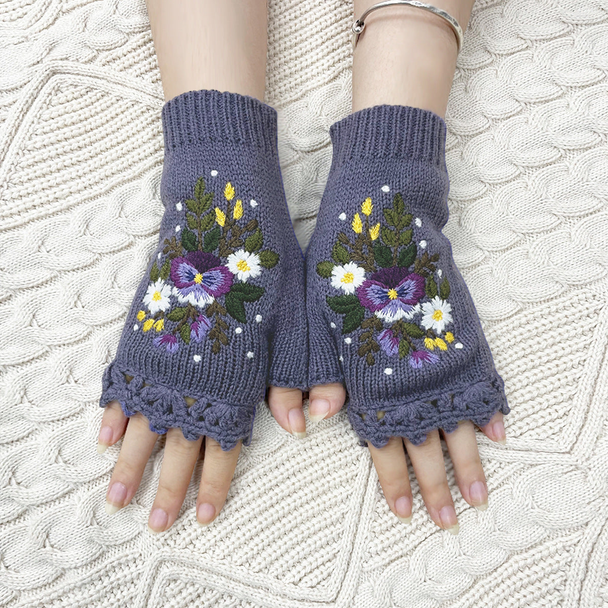 Pansy Bouquet Embroidered Fingerless Mittens - Purple - 1