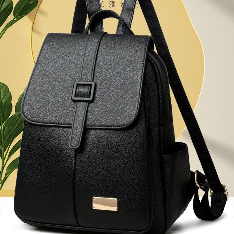 Buckle Flap Pebbled Faux Leather Backpack