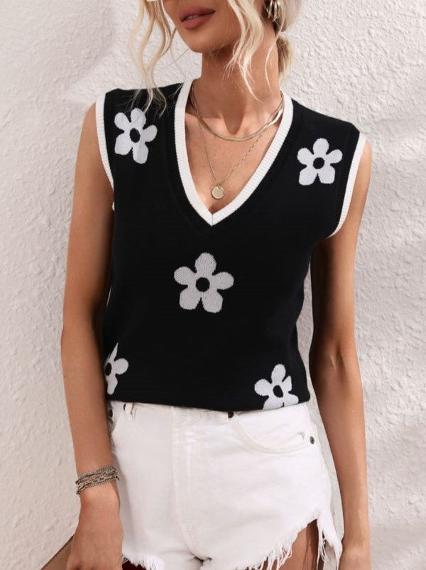 Daisy Intarsia V Neck Knit Vest Top - Black