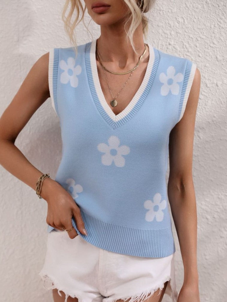 Daisy Intarsia V Neck Knit Vest Top - Blue