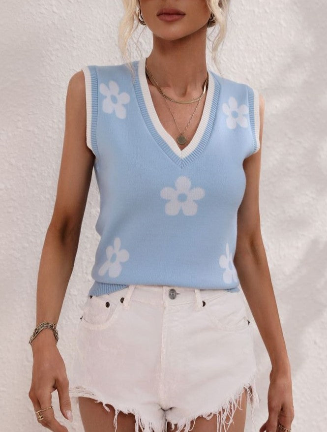 Daisy Intarsia V Neck Knit Vest Top - Blue - 2