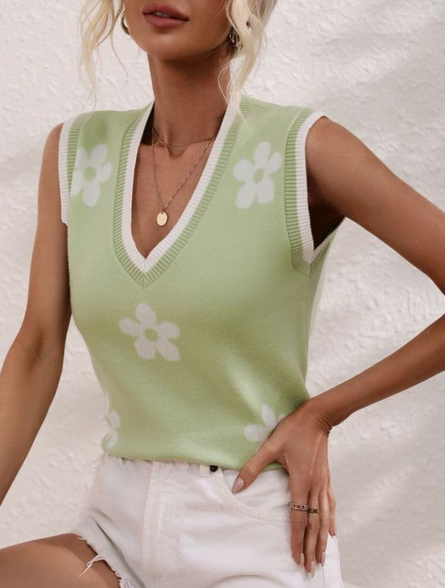 Daisy Intarsia V Neck Knit Vest Top - Green - 1