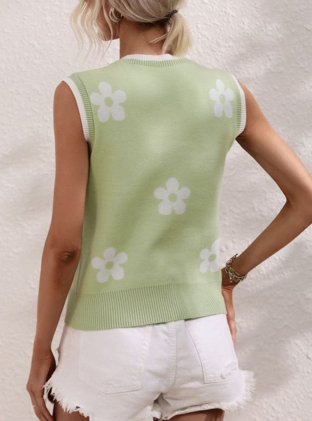 Daisy Intarsia V Neck Knit Vest Top - Green - 2